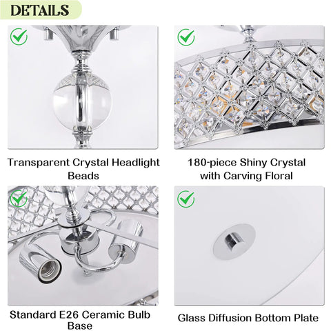 Detail view of Crystal Chrome Ceiling Light Fixture With 3 Lights Flush Mount Round 15 Inch Chandelier showing components.