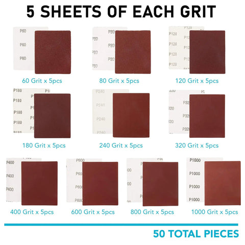 Quarter Sheet Sandpaper Set With 50 Assorted Grits For Palm Sander 5.5 By 4.5 Inches Car And Wood Sanding Papers 60 80 120 180 240 320 400 600 800 1000 Grit Ideal For Auto Bodywork And Woodworking Finishing All In One DIY Friendly Kit showing sandpaper sheets by grit