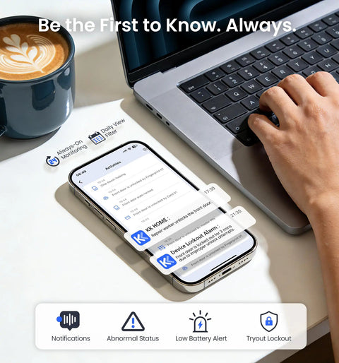 Lightning Fast Built In Wifi Smart Lock With Instant Fingerprint Access And Remote App Control Keyless Deadbolt on a smartphone with notifications.