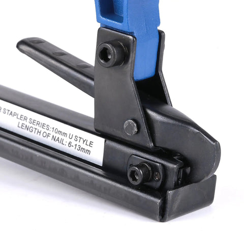 Heavy Duty 14 Gauge Brad Nailer With Touch Strike Safety adjustable exhaust, close-up of handle and frame, black and blue design.