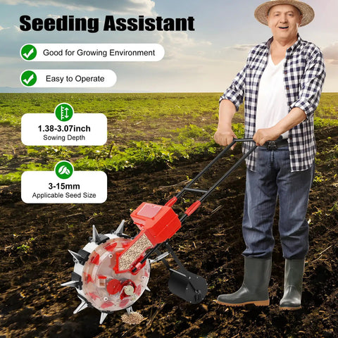 Man using Hand Push Seeder With Equidistant Nozzles For Quantitative Sowing in a field, wearing boots and hat, showcasing easy operation.