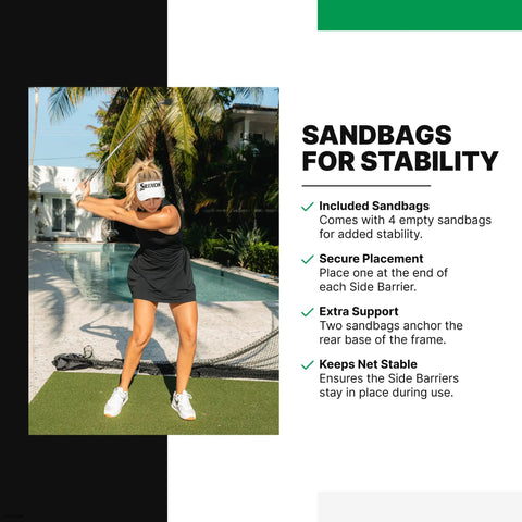Side Barriers For Home And Pro Series Golf Nets Built Tough Polyester Indoor Outdoor Safety Extensions Easy Setup Black Sandbags Included Made In USA Net Not Included with golfer practicing