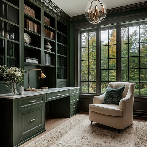 Elegant home office with large windows, green cabinets, and a comfortable beige armchair