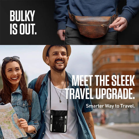 Couple using Stealthy Hidden Neck Wallet For Travel With RFID Blocking Passport Holder, slim and discreet design in public place.