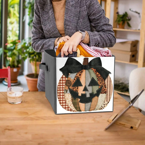 Kicker Quality Patchwork Fabric Storage Cube Built For Quick Room Upgrades With Heavy Duty Stitching And A Knockout Pumpkin Silhouette.