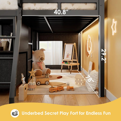 Twin Loft Bed With Six Storage Drawers Built In Bookcase LED Lights Play Curtain Kid Friendly Safety Rails And Ladder Black Space Saving Two Tier Design For Active Kids featuring underbed play area.