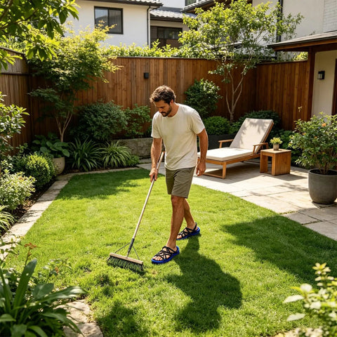 Man walking in a garden wearing Lawn Aerator Shoes With Heavy Duty Adjustable Spiked Soles For Yard And Garden Aeration, Root Health Boost.