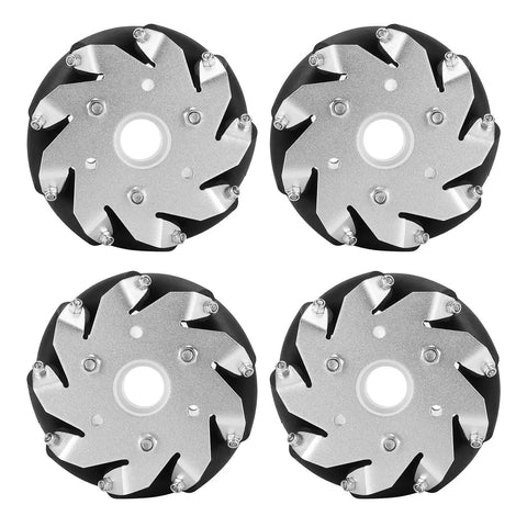 Four 100mm mecanum steel wheels with 9 rubber rollers for omni directional robot cars, aluminum alloy chassis drive wheels for RC robots.