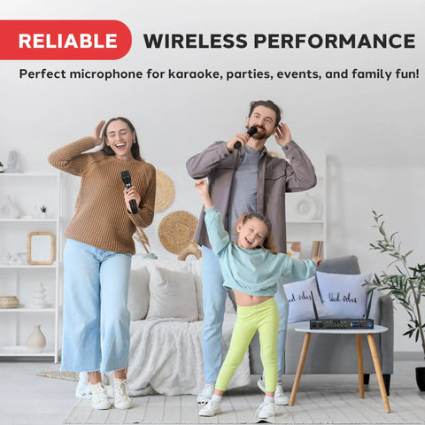 Family singing with Digital Wireless Microphone System With Bluetooth, Two UHF Handheld Mics, Long Range Receiver