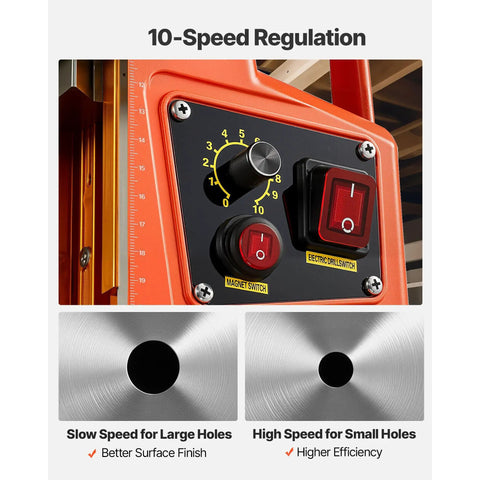 Job Site Ready 1400W Magnetic Drill Press With Two Inch Boring Range And Smooth Variable Zero Through Eight Hundred Rpm Control Paired With Rock Solid Hold Base Plus Weldon Shank For Steel Tasks control panel showing speed settings and hole cutting features.