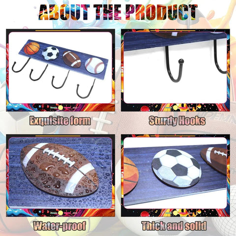 Hang Your Game Day Gear On This Slick Sturdy Four Hook Wooden Wall Rack Built For Displaying Baseball Basketball Football Jerseys And Athletic Room Storage, featuring sports-themed hooks.