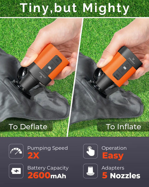 Tiny But Mighty Portable Air Pump For Inflatables With 2600mAh Battery And Camping Light inflating and deflating on grass.