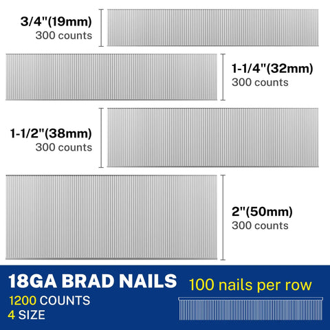 Pro Grade 18 Gauge Brad Nails 1200 Count Zinc Plated Steel Heavy Duty Anti Rust Fasteners, assorted lengths and counts displayed.
