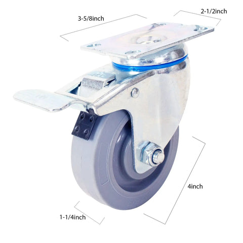 4 Inch Swivel Caster With Total Lock Brake And Non Marking Soft Gray Rubber TPR Wheel, steel plate mount for carts.