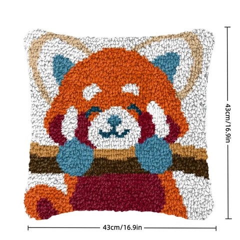 Latch Hook Kit For Beginners, 17x17 Inch Pre Printed Animal Cushion Cover With Easy Tools, No Drawing Needed, Red Panda Design