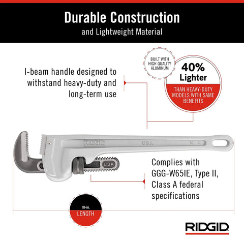 Ultra Lightweight Aluminum 18 Inch Pipe Wrench With I Beam Handle For Quick Adjustments Forged Hook Jaw Full Floating Jaw