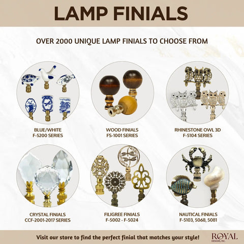 Collage of various decorative lamp finials, including blue/white, wood, rhinestone owl, crystal, filigree, and nautical designs.