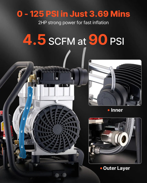 Close-up of 20 Gallon Portable Air Compressor With Wheels 2HP with 4.5 SCFM at 90 PSI for efficient tire inflation and woodworking.