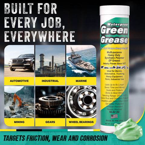 Front view of 14 oz Green Grease tube, Waterproof Green Grease, NLGI #2, with automotive, industrial, and marine imagery.
