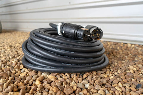 Heavy Duty Twist Lock Extension Cord 50 Amp 125 250 Volt Beefy Power Cable 100 Ft Black SEOW Rated on gravel.