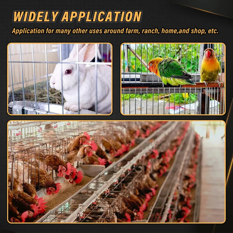 Rabbit, birds, and chickens in wire enclosure using Nail Ring Pliers Kit With 1800 M Clips For Fencing Installation Wire Cage Clips.