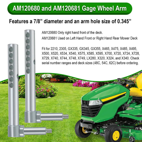 Heavy Duty Right Front Mower Deck Gage Wheel Arm Replacement Kit with 7/8 inch diameter and 0.345 inch hole for lawn tractors.