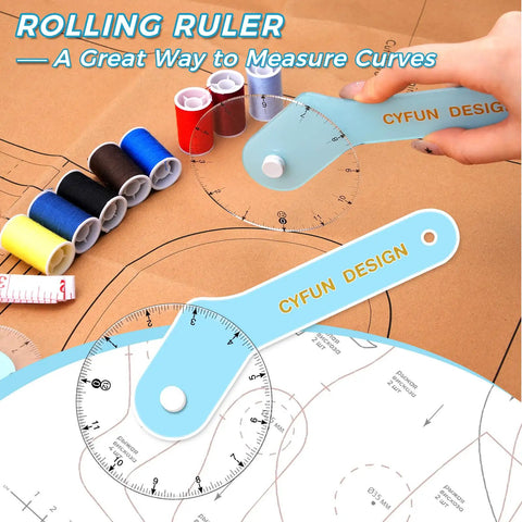 Knock Your Pattern Drafting Tasks Out Of The Park With This Precision 12 Inch Acrylic Sewing Wheel Ruler showing use on fabric and thread.