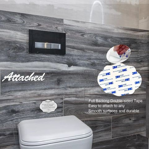 Please Flush Only Toilet Paper Designer Sign For Septic Systems with double-sided tape, shown on bathroom wall above toilet.
