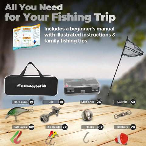 Kid Friendly Fishing Pole Rod And Reel Combo Starter Set With Tackle Box, 5ft Telescopic Rod, Pre Spooled 8lb Line, Kit Contents