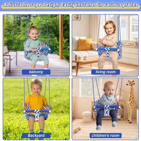 Toddler on swing with adjustable rope in balcony and living room in Toddler Swing Seat With Heavy Duty Canvas Adjustable Rope And Safety Harness Drop Resistant Design Easy Install Backyard Tree Swing For Outdoor Or Indoor Playgrounds Kid Friendly Swing For Ages 6 Months To 8 Years Blue.
