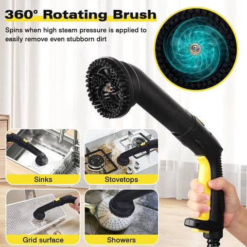 360° rotating brush attachment for Heavy Duty Steam Cleaner With 52 Oz Large Tank And Incredible High Pressure Capability.