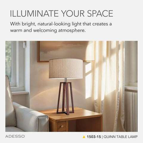Quinn Table Lamp With Walnut Birch Wood Base And Natural Linen Shade on nightstand, enhancing chill vibe and warm glow.