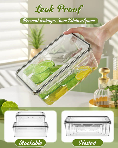 Hand holding BPA-free plastic food container with lime slices, showcasing leak proof design, part of 40 Piece Food Storage Containers Set With Lids For Kitchen Organization BPA Free Plastic Meal Prep Containers Leak Proof Design Includes 16 Reusable Labels And Marker Pen Great For Fridge Freezer And Pantry Storage.