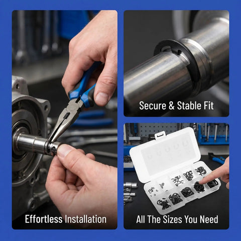 Image showing hands installing 120 Piece E Clip Assortment Kit With Beryllium Bronze External Retaining Rings, organized storage box and secure fit.