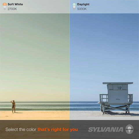 Comparison of soft white 2700K and daylight 5000K light, with a person on the beach and a lifeguard tower.