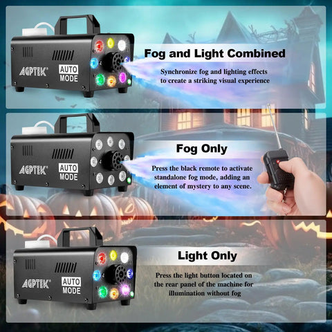 Pro Level Fog Machine, 500 Watt Output, showcasing fog and light sync features, designed for DJ performances and photo shoots.