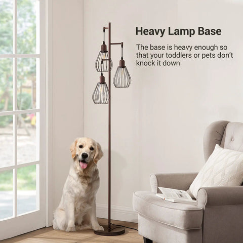 Industrial Tree Floor Lamp With Three Teardrop Cage Heads And 3000K Edison Bulbs, Rustic Farmhouse Tall Standing Lamp For Living Room