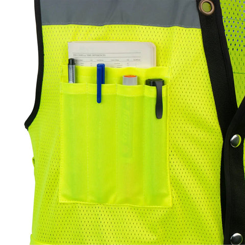 Heavy Duty High Visibility Safety Vest With Reflective Mesh And Multi Pockets For Surveyors Built Different For All Day Grind No Sweat Design In Bright Neon Yellow True Plus Size Fit, showing storage pockets with pens and a notebook.