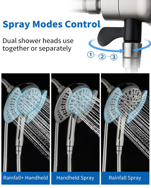 No Fuss Dual Purpose Rainfall Shower Head And Handheld Combo providing hella crisp water flow, showing spray mode options.