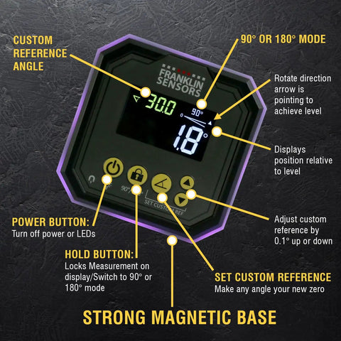 Digital Angle Gauge And Level With Color Indicators, Turns Green At 0, 90, And 180 Degrees And Blue At Custom Angles, Let You Set A New Zero For Repeatable, Accurate Measurements Every Time.