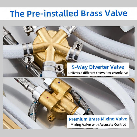 Heavy Duty Led Five In One Shower Panel Tower System With Brushed Gold Finish And Rock Solid 304 Stainless Steel Frame For Quick Hookup And Daily Showers - 5-way diverter and brass mixing valve close-up