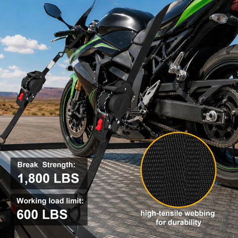 Tough Built Retractable Ratchet Straps For Heavy Duty Cargo Hauling securing motorcycle, 1 inch wide, 1800 LB break strength.