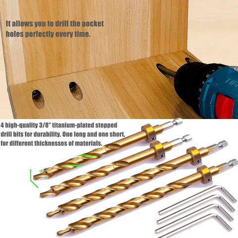 All Metal Pocket Hole Jig Kit For Pros shown with drill, woodwork setup, and titanium plated three eighths inch stepped drill bits.