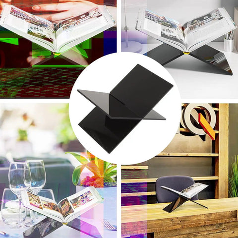 Collage showing Multi Function Desktop Book Stand for Reading Bible Cookbooks Mags and Tablets, black, in various settings.