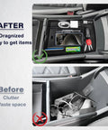 Must Have Center Console Organizer For VW Atlas And Atlas Cross Sport 2024 To 2026 Armrest Storage Tray With Dual Layers Keeps Pens Coins Phone And Small Gear Organized Car Interior Accessories; before and after comparison of organized and cluttered car console.