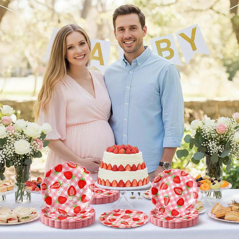Totally Dope Pink Plaid Strawberry Print Disposable Paper Plates 60 Pack With 9 And 7 Inch Sizes, displayed at a festive dessert table.