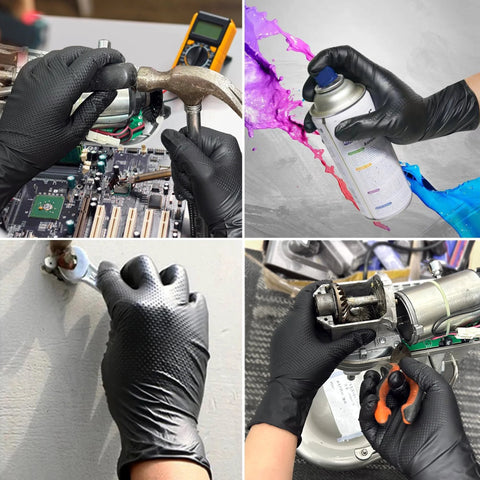 Amazon TitanFlex black nitrile gloves, 8-mil XL; four-view collage of gloves in electronics, painting, mechanical work.