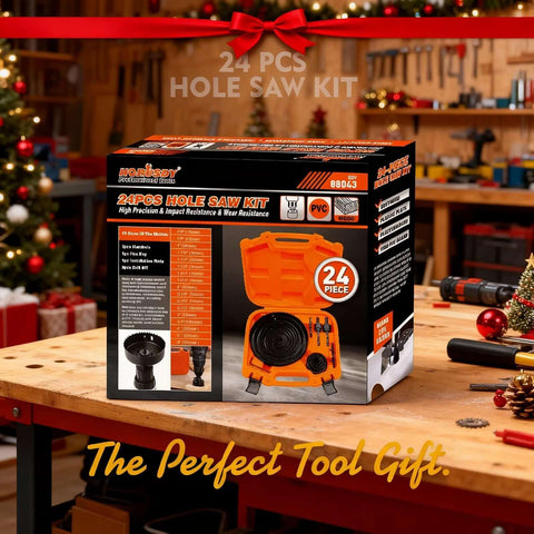 HORUSDY 24-piece hole saw kit box with orange storage case and assorted blades.