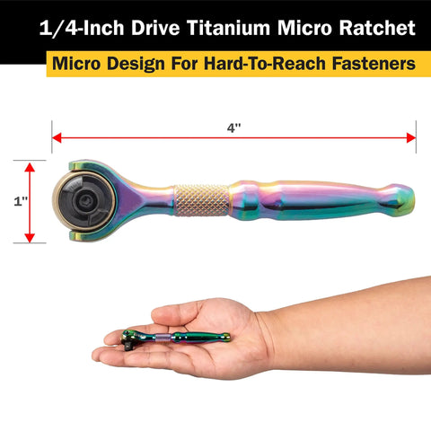 Quarter Inch Drive 90 Tooth Micro Ratchet With Full 252 Degree Swivel Head So You Can Get At Tight Corners in hand