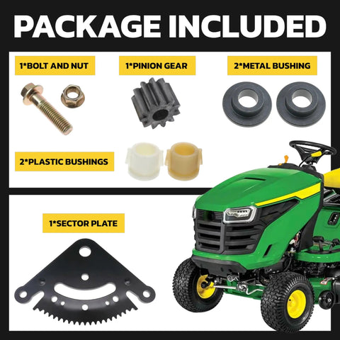 Package contents for Heavy Duty Steering Sector Pinion Gear For John Deere LA Series Lawn Tractors, includes pinion gear, bushings, bolt, and sector plate.